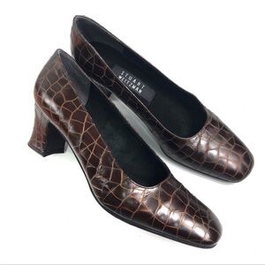 Stuart Weitzman Brown Croc Embossed Block Heel Pumps